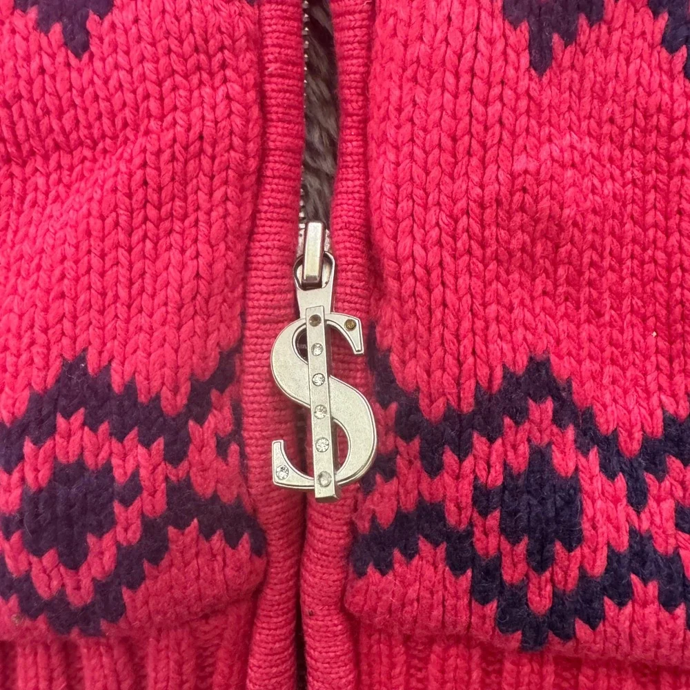 Y2K YISHION Red Reindeer Fair Isle Knit Hoodie Faux Fur Lined girl sz S‎ Holiday